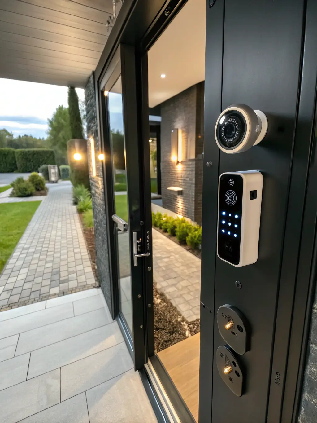 A modern home entrance equipped with a smart lock and a video intercom system, showcasing the convenience and security of access control.