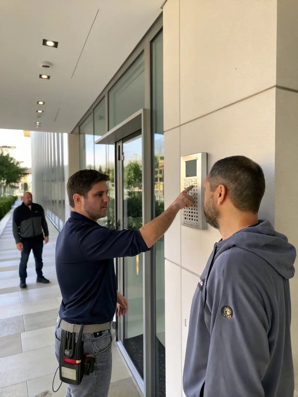 A close-up of a digital keypad and electric intercom system installed at the entrance of an office building, highlighting the integration of access control and communication.